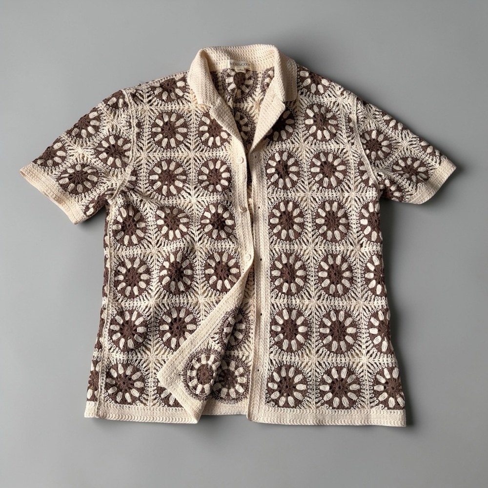 Morse Code Crochet Top Vintage Inspired Granny Square Boho Festival Shirt M - Picture 2 of 8